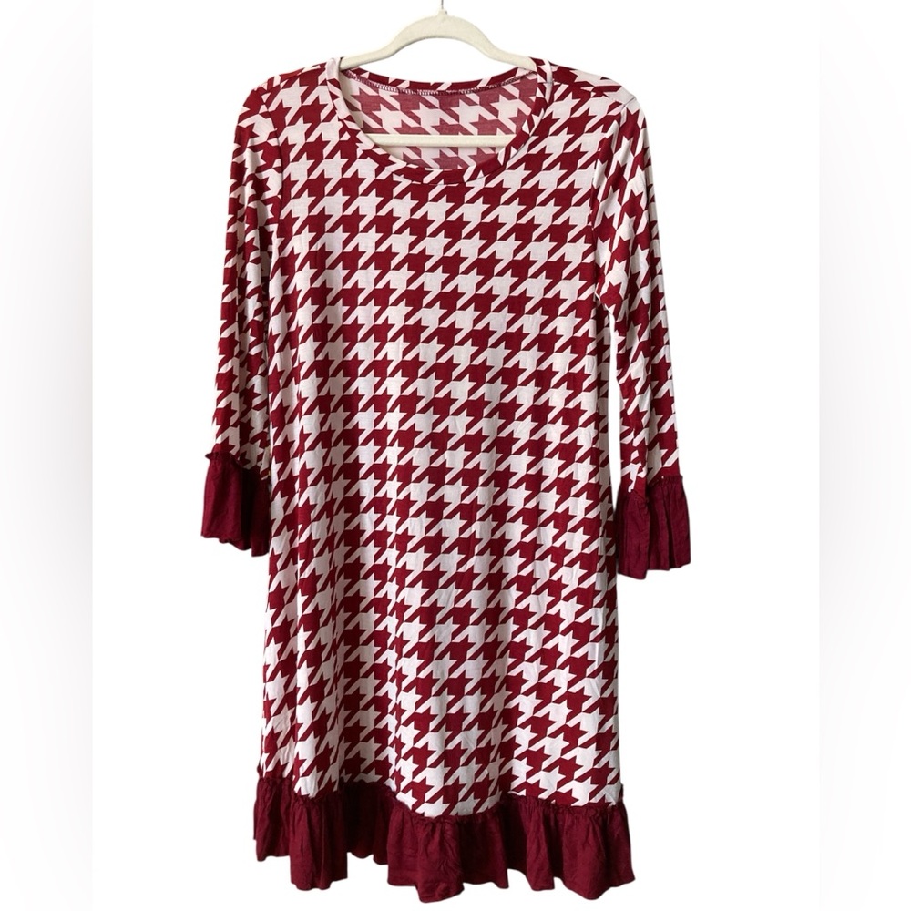 Red and White Houndstooth Ruffle Sleeve Dress